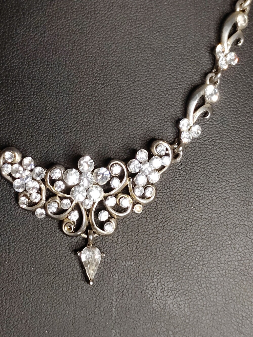 Silver Tone Clear Rhinestone Floral Scroll Statement Necklace Teardrop